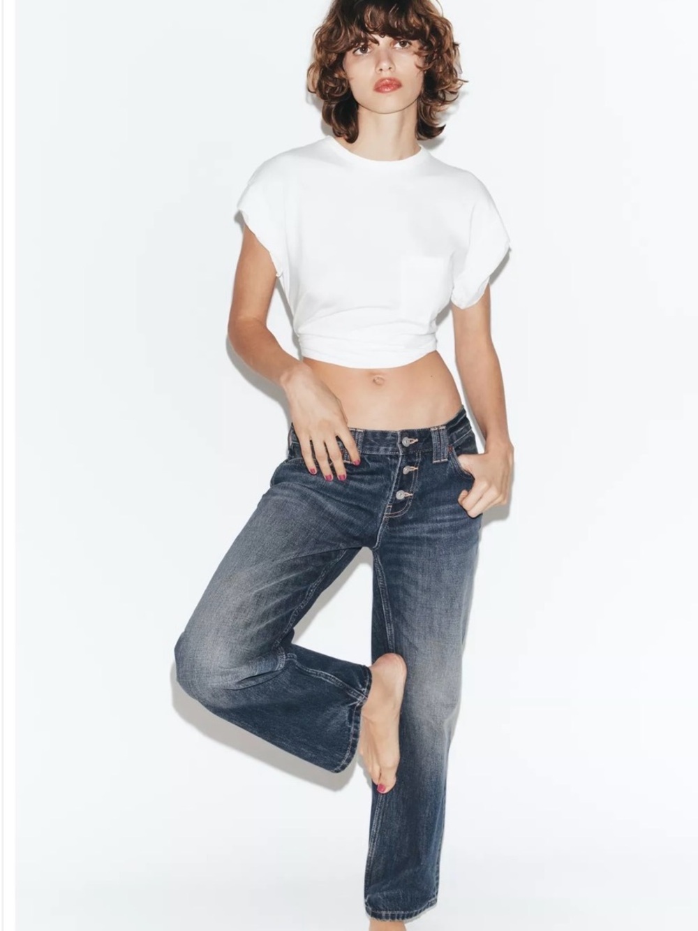 ZARA TRF WOMEN LOW RISE Straight-Leg Washed Blue Jeans